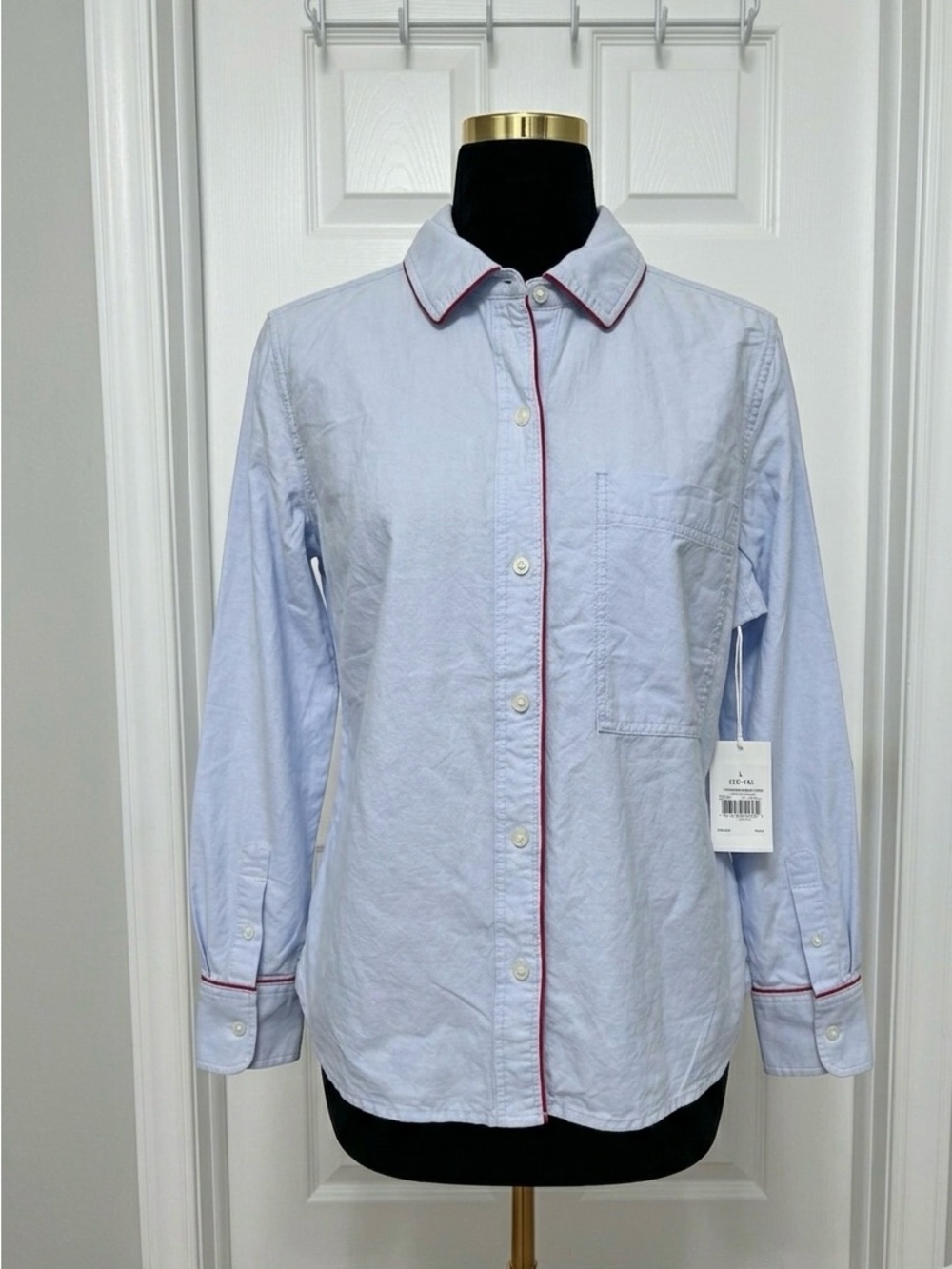 Free Assembly Blue Button Down Shirt Red Trim Piping Long Sleeve Size Large